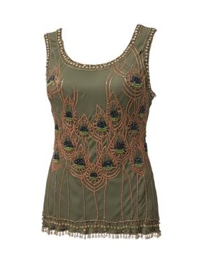 Embellished Olive Green Beaded Tank Top